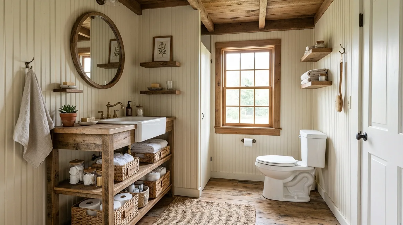 Ground the floor with subtle pattern inspiration for a modern farmhouse bathroom.